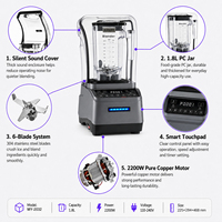 Mixeur Commercial Électrique Robuste 2200W Haute Vitesse pour Smoothies, 5+ Vitesses, Grande Capacité, Moteur en Cuivre Pur, Glace Pilée