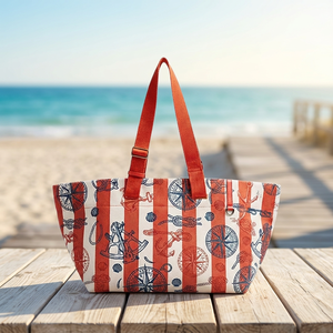 Bolsa de Compras de Algodón Ecológica con Estampado de Ancla Náutica y Brújula |   Bolsa de Transporte Reutilizable con Correa de Hombro Ajustable - Product Image 4