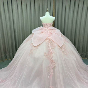 Vestido de noche largo hasta el suelo con perlas de satén y cola lateral, para fiesta de boda, graduación, verano, con decoración de encaje, cintura y cola capilla, para Quinceañera - Product Image 5