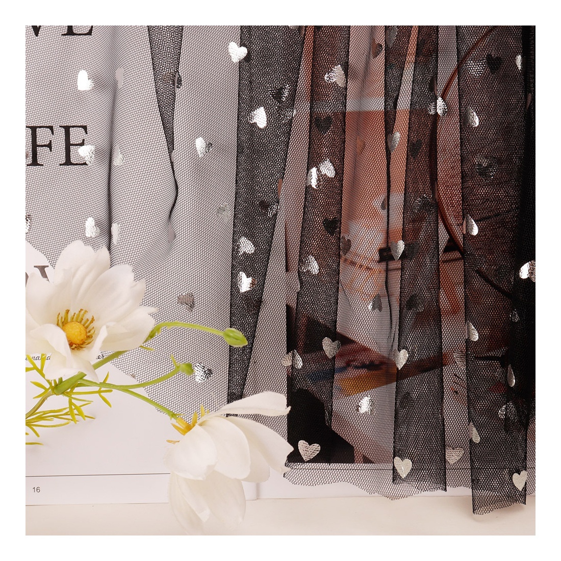 Wholesale 100% Polyester Black Soft Sparkle Heart Pattern Glitter Tulle For Kids Lovely Skirts