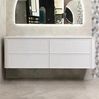 Meuble-lavabo mural pour salle de bain avec 4 grands tiroirs style Shaker, double vasque, dessus en marbre à bord arrondi et miroir LED