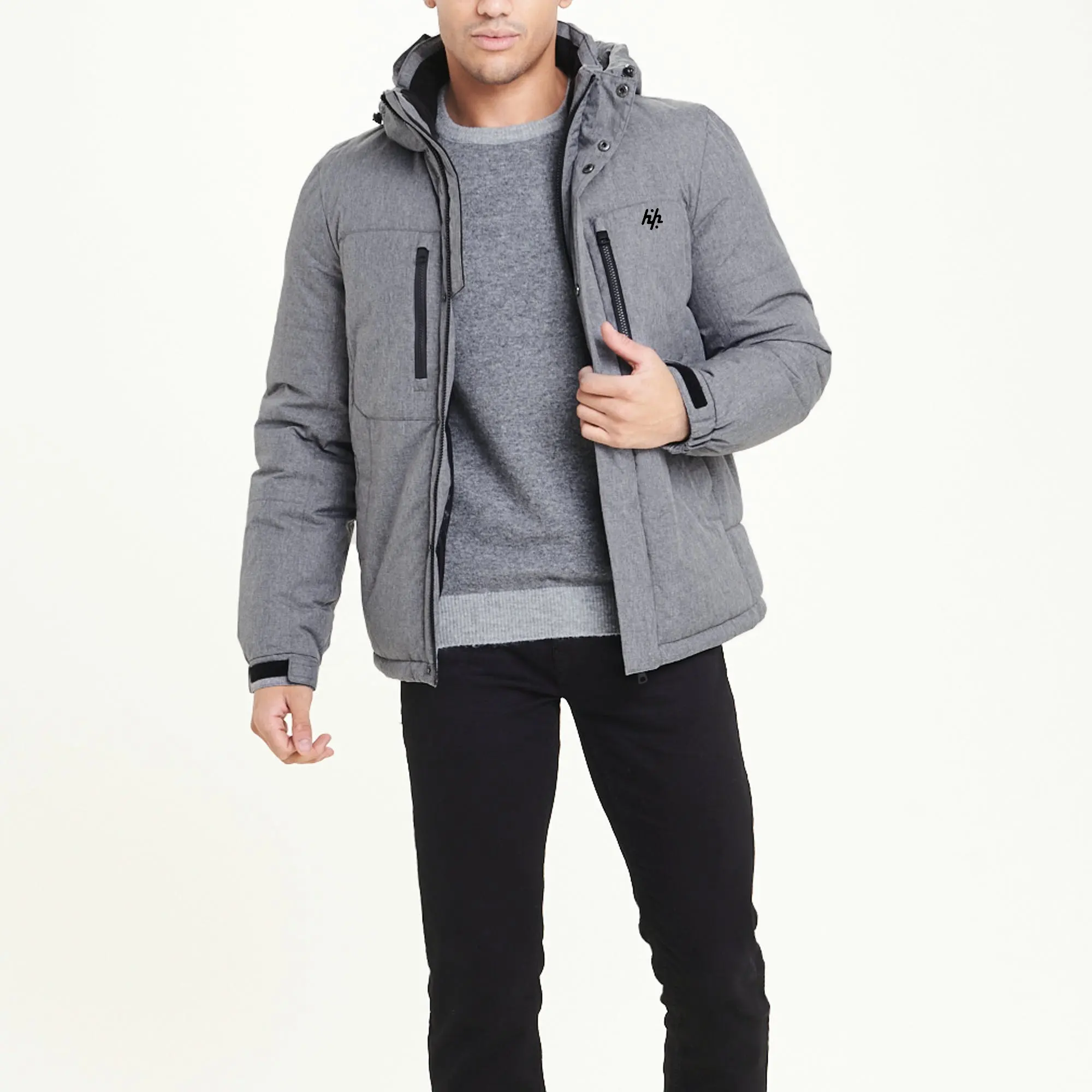 Gri kapşonlu kirpi özel OEM erkek yeni moda ceket uzun kollu erkek balon ceket (üretim tarafından Huzaifa ürünler)