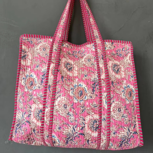 Bolsa de Mano Acolchada de Algodón con Estampado de Bloques, Multiusos, para Trabajo, Viajes, Compras, Bolso de Hombro - Product Image 1