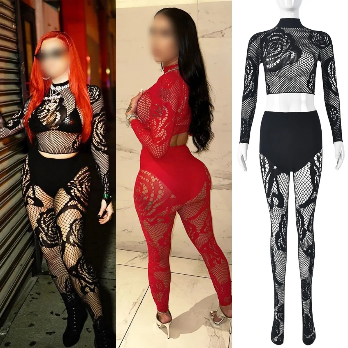 31520sy Ausschnitt Rose Spitze durchsichtig Netzschnitt Oberteil und Hosen lässig Party Clubkleidung sexy Damen 2-teiliges Set Streetwear