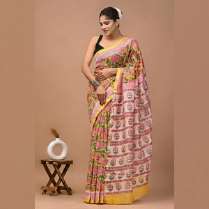 Sari en soie Chanderi pure imprimé à la main avec pièce de blouse – Sari élégant en soie Chanderi pure – Vêtement ethnique imprimé à la main - Product Image 1