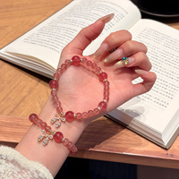 Bracelet en perles de quartz fraise naturel en forme de boule, bijou classique et élégant avec breloque nœud, cristal de guérison, énergie de l'amour, cadeau unisexe
