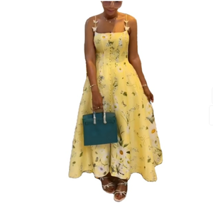 Jupe mi-longue à bretelles imprimée <span class=keywords><strong>fleurs</strong></span> de chrysanthème, col carré, coupe trapèze, pour l'été et la plage, robe femme, vente en gros sur mesure - Product Image 3