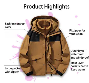 Polyester Full Zipper Winter Mens 3 In 1 Water Repellent Hiking Jacket Line With Inner Fleece Windproof Double Jacket