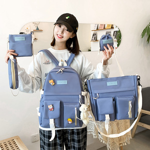 Cross-border New Female College <b>Student</b> <b>Backpack</b> Five-piece Set Korean-style Contrast Canvas Zipper 20-36L Capacity Campus - Product Image 1