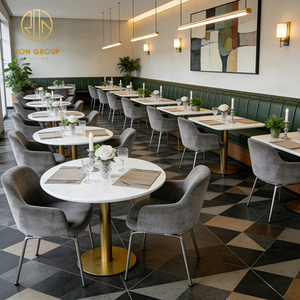 Muebles de Restaurante Modernos de Mediados de Siglo, Banqueta de Cuero Verde a Rayas y Sillas de Terciopelo Gris con Mesa de Piedra para Cafetería - Product Image 6