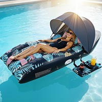 Bouée gonflable en forme de S à motif forêt tropicale avec auvent pare-soleil, dossier et porte-gobelets, radeau flottant pour l'eau