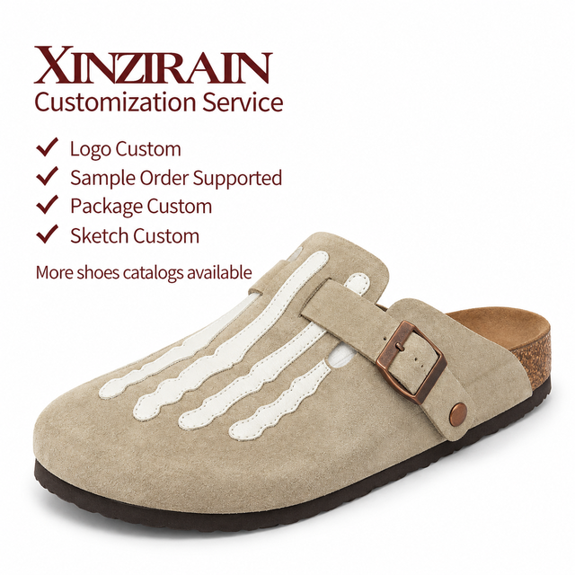 Xinzirain Custom Women Beige Suede Look Skeleton Bone Clog Mules Buckle Strap Closed Toe Cork Sole Casual Shoes