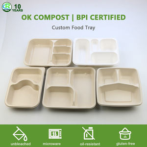 3 Tiga Kompartemen Nampan Gula Tebu Kustom Dapat Terurai Ramah Lingkungan Piring Makan Siang dengan Tutup - Product Image 5