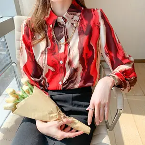 2022 New Autumn Chiffon Shirt Fashion Ladies Long Lantern Sleeve Printed Shirts Elegant Casual Loose Blouses Tops