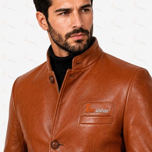 Blazer homme en cuir véritable, col mandarin, coupe ajustée, marron, simple boutonnage, logo sur le devant - Product Image 6