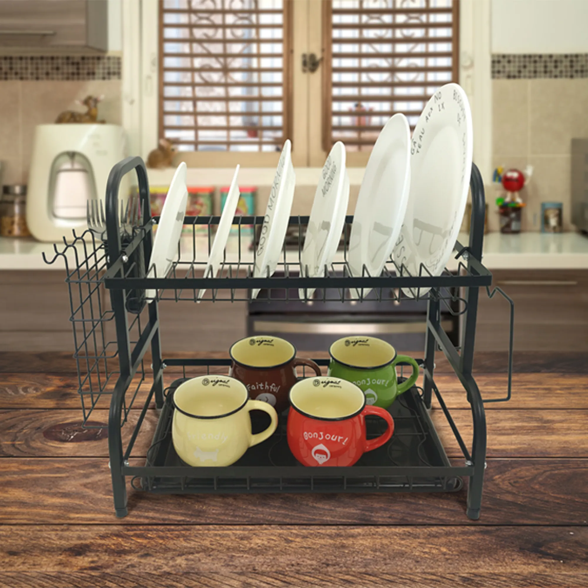 Durable Kitchen 2 Tier Drying Rack Metal Dish Drainer Rack Tableware Dishes Holder Storage