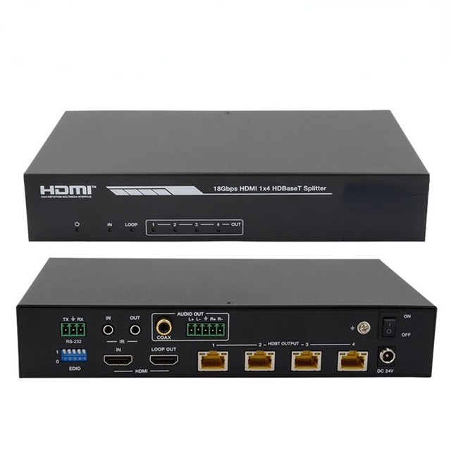 1x4 HDMI HDBaseT CAT5e/6/7 Extender Splitter 4K 60Hz 2 Loopouts & Auto Downscaling UHD HDR 18Gbps PoC Dual IR RS-232 3D TAA Comp