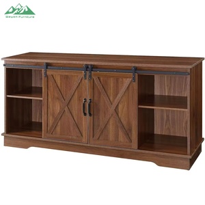 Meuble <span class=keywords><strong>TV</strong></span> moderne Wayon avec portes coulissantes, plateau en bois et étagères ouvertes en métal, armoire de rangement multimédia blanche - Product Image 5
