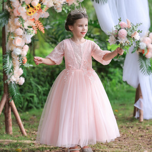 Robe de demoiselle d'honneur en tulle rose, coupe trapèze, décolleté cœur, robe de princesse pour filles - Product Image 2