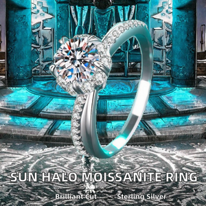 Luxury Sun Halo <b>Rings</b> 925 <b>Sterling</b> <b>Silver</b> Plated Prong <b>Set</b> Brilliant Cut Moissanite Wedding Engagement Band for Women - Product Image 2