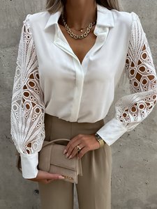 Damen Bluse mit Reverskragen, Spitzenbesatz, Langarm-Shirt, Büro Casual Einfarbiges Damen-Oberteil - Product Image 5