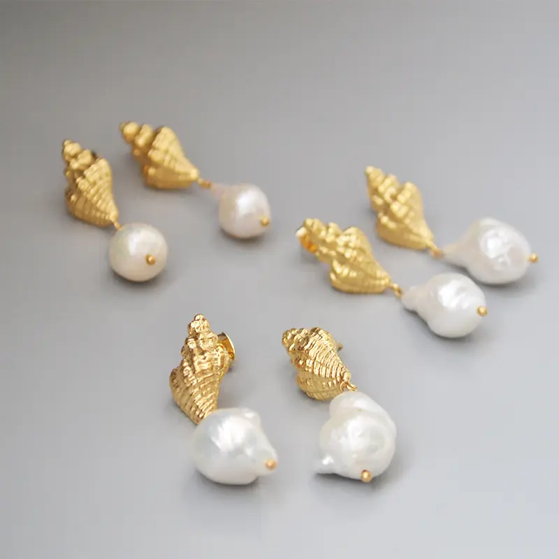 Vintage antique finish gold plated fresh water baroque pearl conch shape sea shell earrings unique stylish fashion jewelry