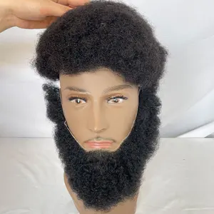 Human Hair Afro Curl Swiss Lace Fake Beard Face Mustache For American Black Men Realistic Makeup Lace Base Replace System 1B