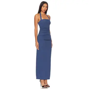 Abiti da donna eleganti da donna con scollo all'americana in vita increspati senza schienale Maxi abito lungo nero per donna