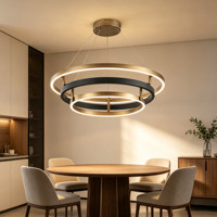 Lampu Chandelier Cincin 3 Tingkat Black Gold Modern LED, Lampu Gantung Plafon untuk Ruang Tamu Ruang Makan