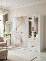 Armario Metálico con Puertas Batientes, Base Blanca, Vetas Doradas de Mármol, con Espejo y Cajones, Muebles Modernos para Dormitorio