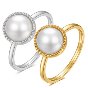 Anillo con Bisel de Perlas de 10 mm, Acero Dorado, Unisex, Joyería para Uso Diario - Product Image 1