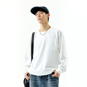 Camiseta de Manga Larga de Algodón Blanco para Hombre, Estilo Vintage Americano, Corte Holgado, Costuras Desestructuradas, 180g, Transpirable - Product Image 1