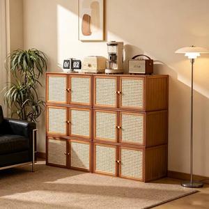 Modular Solid Wood Storage <b>Cabinet</b> Living Room Combination <b>Cabinet</b> With Rattan Door Design For <b>Small</b> Apartment Furniture - Product Image 2