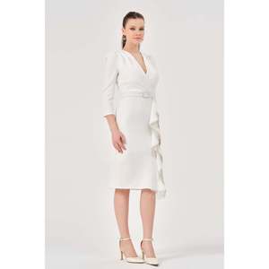Robe décontractée unie écru pour femme DANS, à manches classiques et col rond, pour tous les jours, vente en gros, tailles 38-42 - Product Image 2