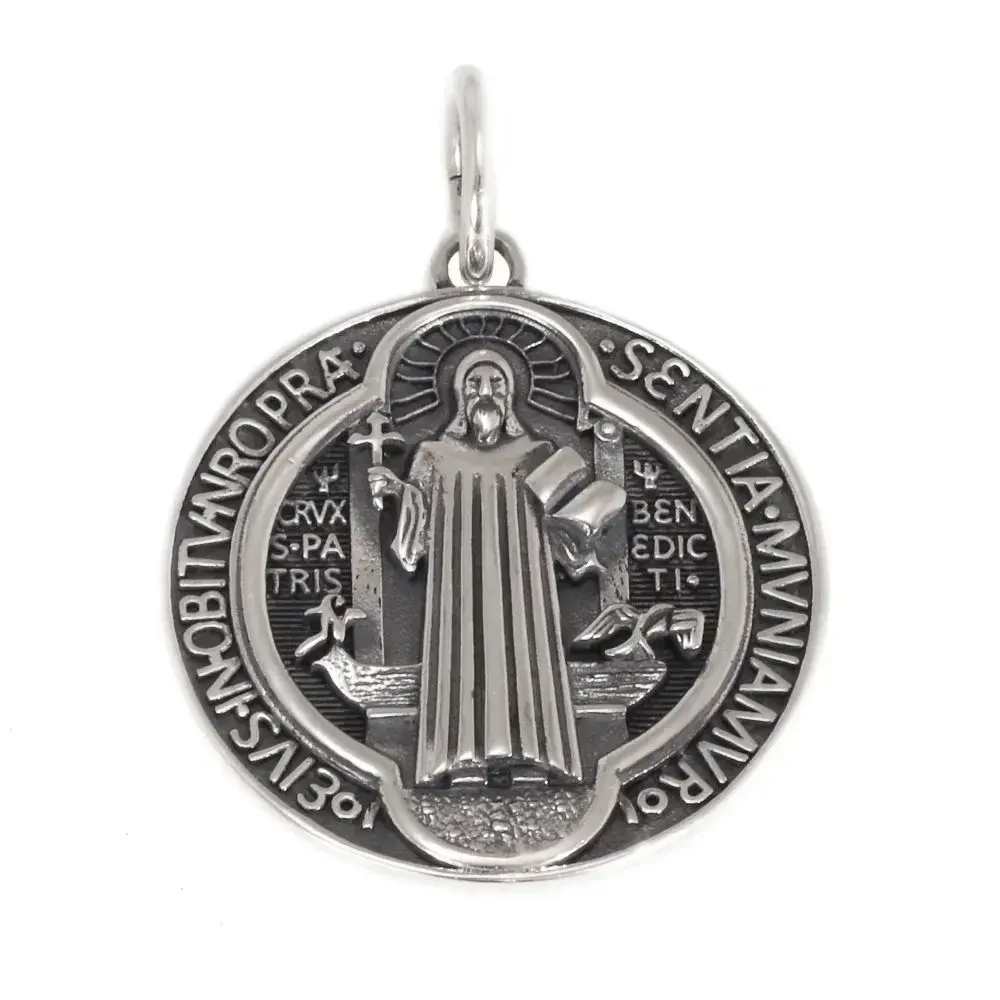 Vintage 925 Sterling Silver Saint Benedict Medallion Cross Pendant Necklace Catholic Exorcism Amulet Men and Women