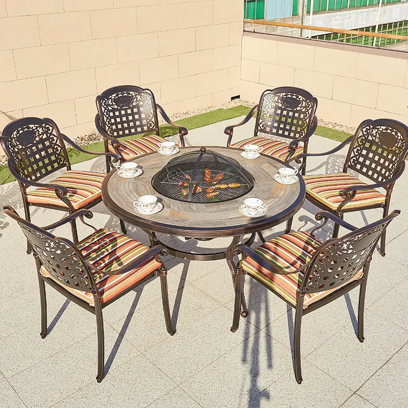 Prezzo di fabbrica mobili da esterno in lega di alluminio barbecue picnic festa tavolo e sedie giardino cortile villa mobili sedia set