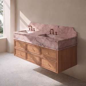 Lavabo de Mármol Rosa Natural, Mueble de Baño de Madera Maciza con Doble Lavabo, Mueble de Baño Colgante de Pared con Mármol Rosa - Product Image 4