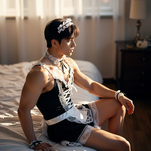 Sexy and innocent male servant outfit cosplay men's lace suspender dress apron cat ears crossdressing uniform lingerie - Product Image 2