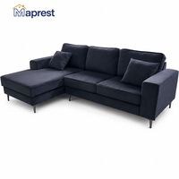 Luxuriöses Modernes Marineblaues Samt-Chaiselongue 3-Sitzer L-förmiges Ecksofa Akzentkissen Metallbeine für Villa Wohnzimmer