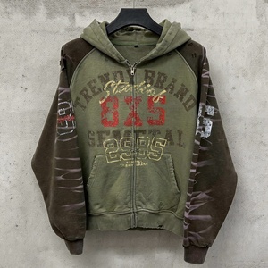 Hoodie zippé surdimensionné en molleton bouclette, style streetwear, imprimé, à épaules tombantes, effet vieilli et délavé à l'acide - Product Image 1