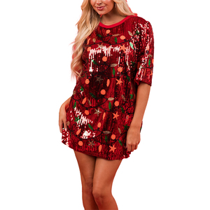 Personalizable Manga Corta Cuello Redondo Gráfico Lentejuelas Brillo Mini Vestido Casual Sparkle Camiseta Vestido Con Patrón Impreso - Product Image 3