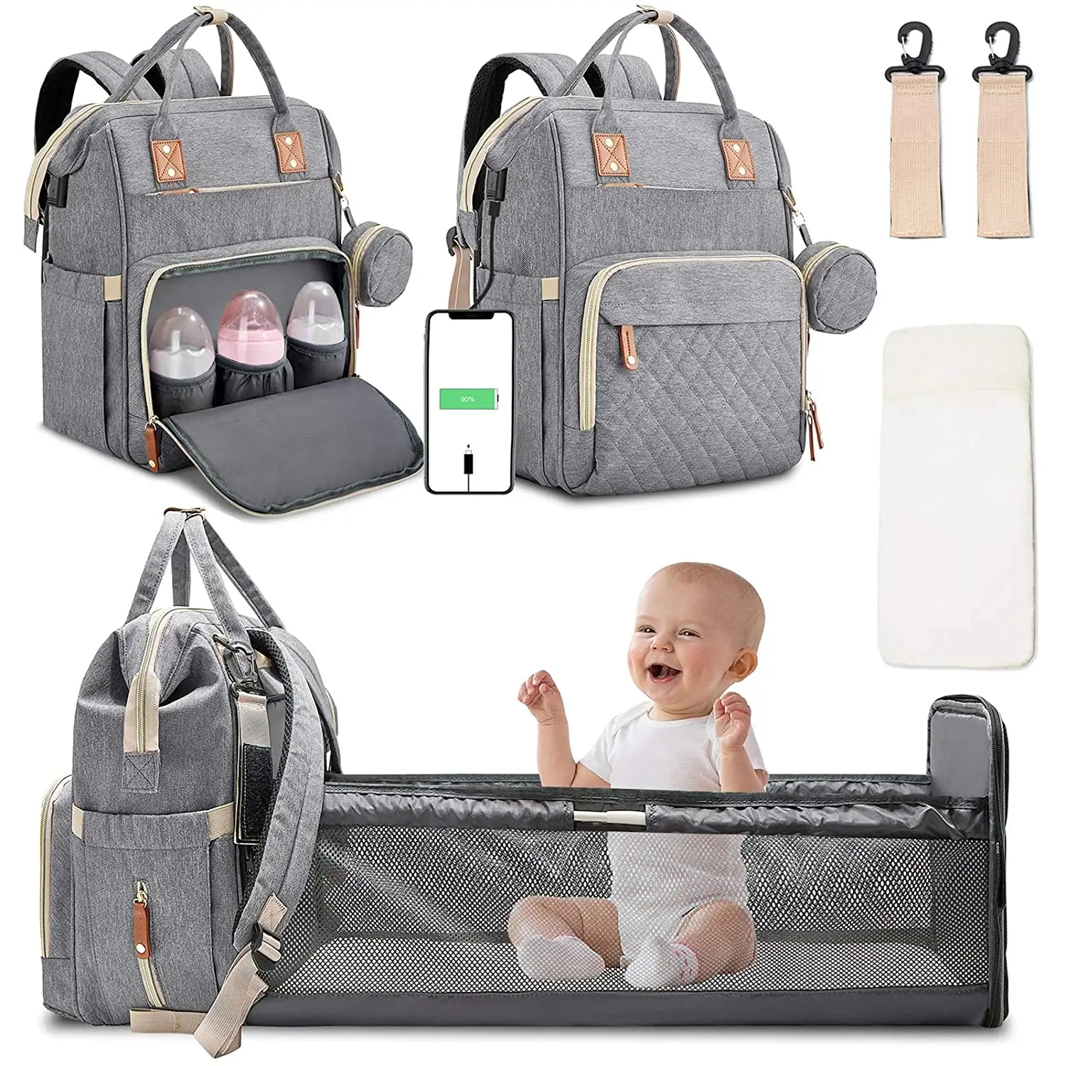 De gran capacidad impermeable mamá pañal bebé mochila de poliéster bolsa de cama de bebé, bolsa mochila con estación de cambio