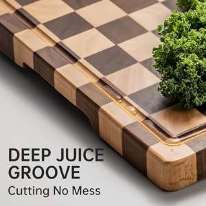 Bois d'acacia nouvellement conçu avec planche à découper de cuisine en bois de caoutchouc planche à découper à carreaux avec rainures et poignées de jus - Product Image 3