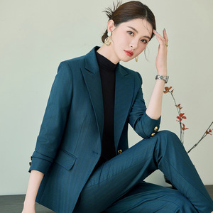 Women's Orange Striped Suit Set With Fitted Waist Anti-Wrinkle Casual Work Wear - Product Image 3