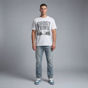 Camiseta de Manga Corta para Hombre, Corte Regular, Estampado Gráfico, Diseño Retro de Ciudad Fantasma, Estilo Occidental, Informal, de Algodón, OEM ODM - Product Image 4