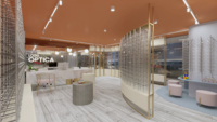 Étagère d'exposition de lunettes moderne avec miroir au dos, cadre doré, vitrine de magasin de détail, vitrine de magasin d'optique, éclairage LED