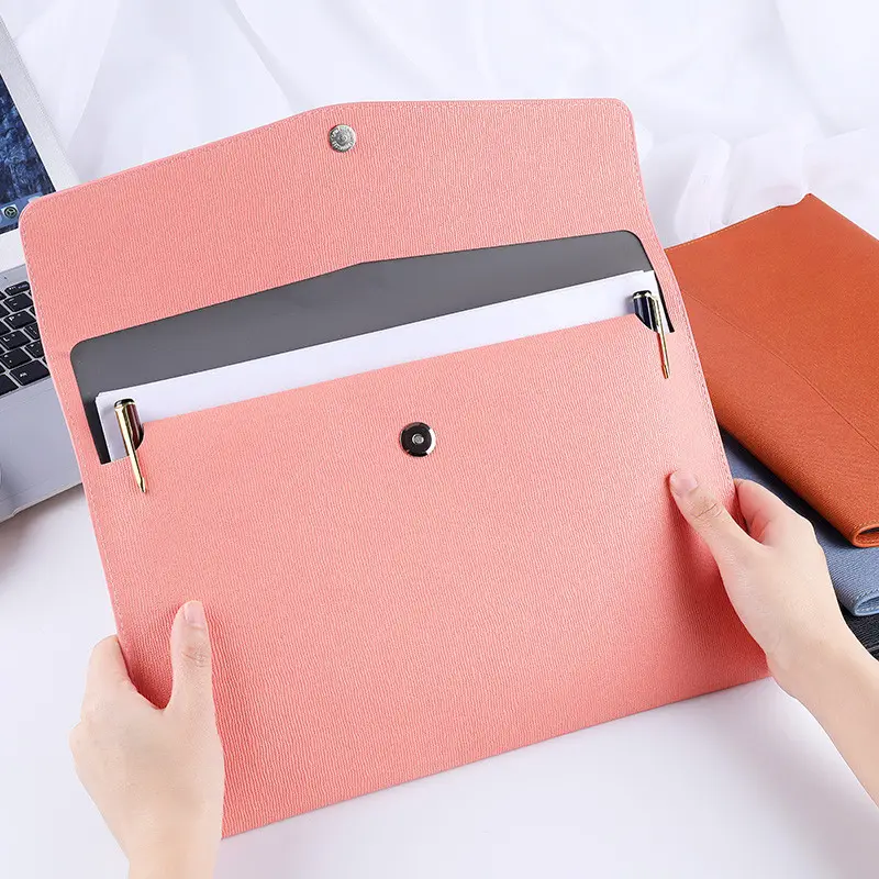 A4 Size Customized PU leather File Folder Office Supplies Document Envelope Bag With Snaps Buttons