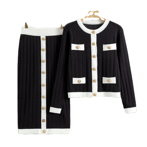 Completo Autunnale <span class=keywords><strong>di</strong></span> Lusso Traspirante con Gonna e Bottoni, Set Due Pezzi <span class=keywords><strong>Sopra</strong></span> il Ginocchio in Colori Contrastanti, Maglione Lavorato a Maglia Vestibilità Regolare - Product Image 5