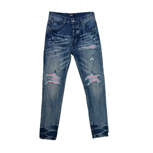 Jeans Hip Hop Y2K di Tendenza, Vestibilità Regolare, Denim Resistente, Patch in PU Rosa, Effetto Vissuto, Color Block, Abbigliamento Streetwear da <span class=keywords><strong>Uomo</strong></span> - Product Image 3