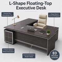 Bureau d'angle moderne modulaire gris foncé à panneaux effet bois, suite de direction contemporaine à bord flottant, bureau en L de 1,8 m, Villa Water